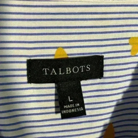 Talbots Button Up, Ruffle detail, Blue/White Stripe with Gold Hearts. Size Large - Picture 7 of 13
